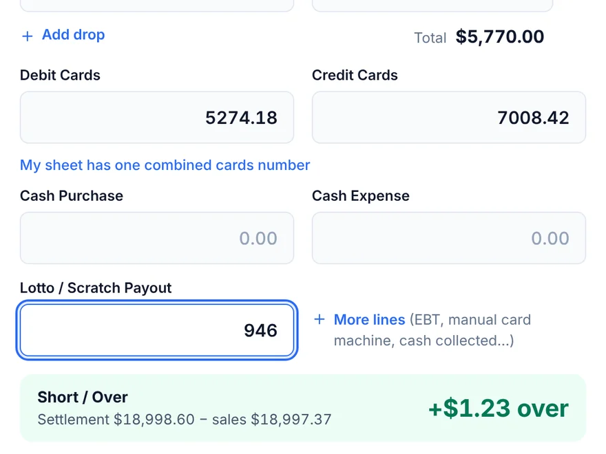 Card totals and lottery payout typed in, with a green line underneath: Short / Over, plus $1.23 over.